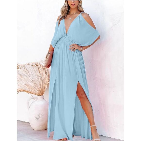 NEW DEEP SELF Light Blue V Neck Short Sleeve Maxi Dress M - Picture 2 of 6